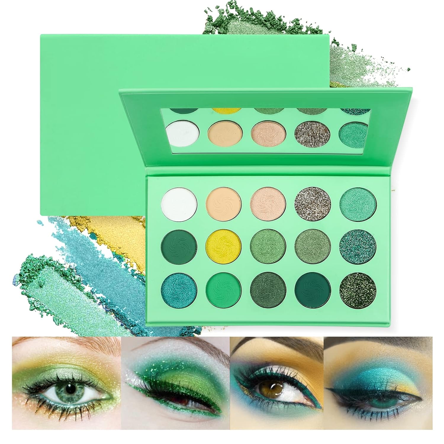 Beteligir 15 Color Matte Green Shimmer Eyeshadow Palette, Highly Pigmented Makeup Palettes, Cream Shimmer Metallic Eyeshadow Palette for Festive (Green)