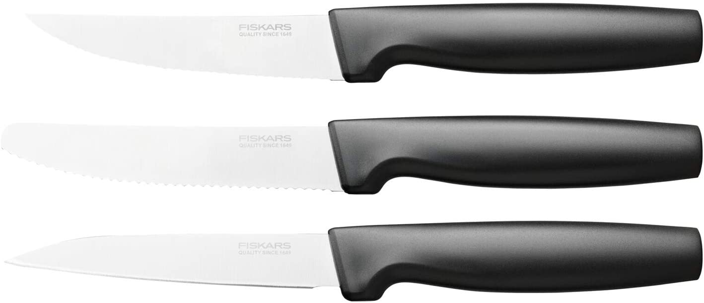 Fiskars Small Knife Set, 3 Pieces, Functional Shape, Paring Knife, Utility Knife & Table Knife, Functional Shape, Stainless Steel/Plastic, Black, 1057561