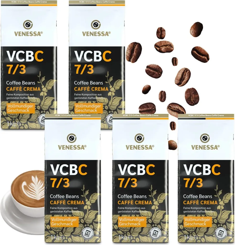 VENESSA Caffè Crema VCBC 7/3 whole coffee beans 5 x 1kg unground creamy premium coffee for coffee machines, finely roasted 70% Arabica 30% Robusta