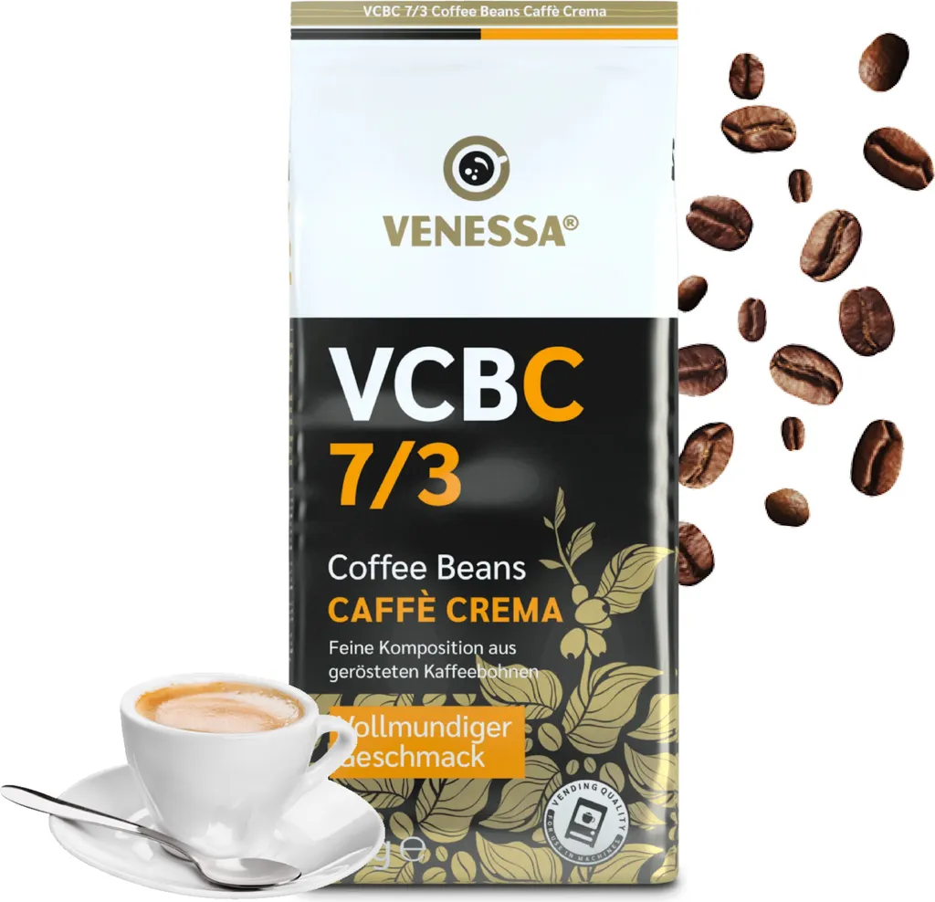 VENESSA Caffè Crema VCBC 7/3 whole coffee beans 1kg Strong Creamy - Coffee for all machines, gently roasted, 70% Arabica 30% Robusta