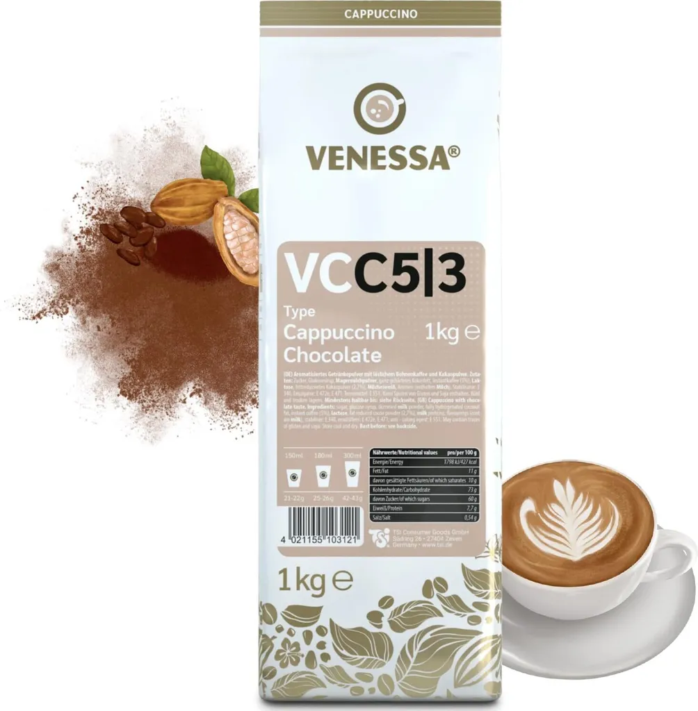 VENESSA Cappuccino Chocolate VC5/3 Aromatisiertes Getränkepulver 5 x 1kg Aromaschutzbeutel mit löslichem Kaffee und Kakaopulver - Angenehm mit feiner Kakaonote für alle Vending