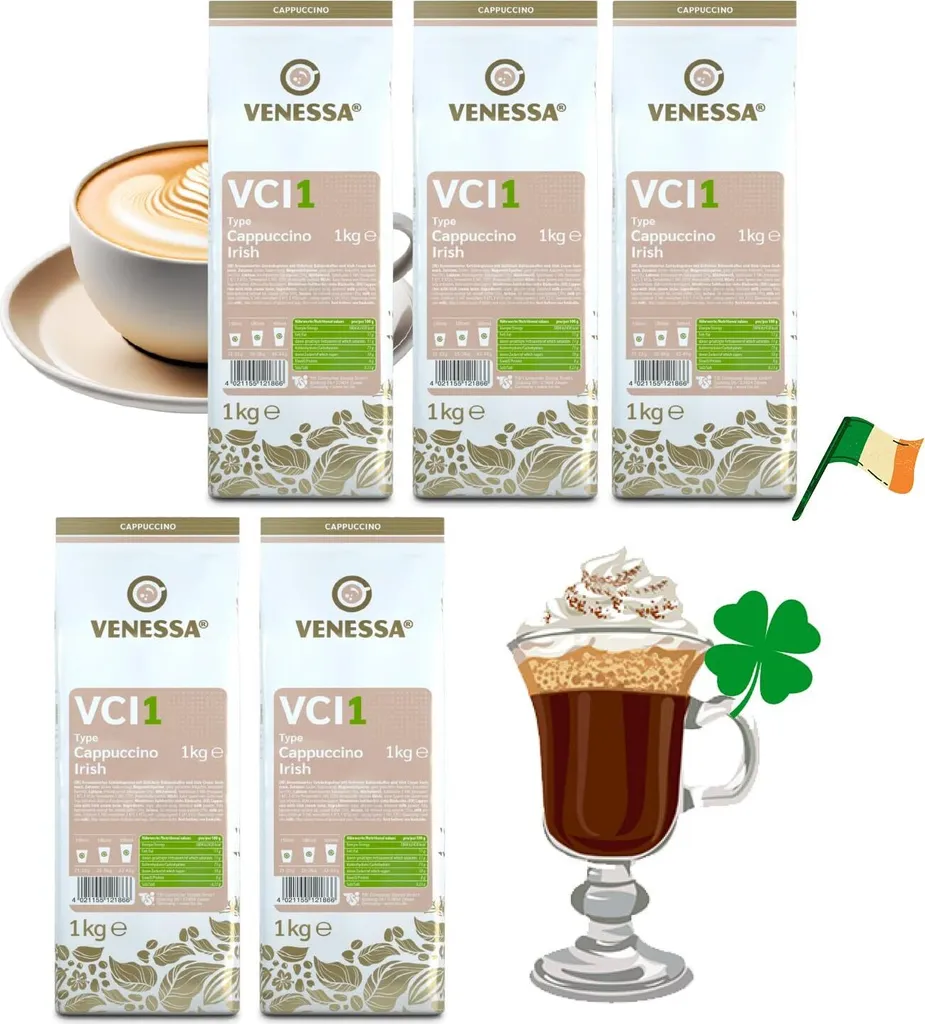 VENESSA Cappuccino Irish VCI1 Aromatisiertes Getränkepulver 5 x 1kg mit löslichem Kaffee, ergiebig mit cremiger Konsistenz, Automatenfähig