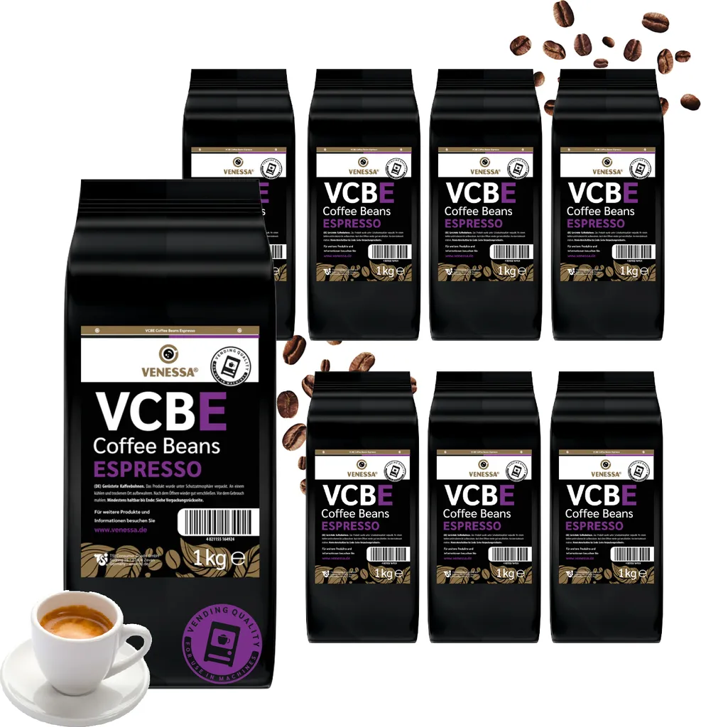 VENESSA VCBE Espresso Whole Bean 8 x 1kg Bulk Pack Aromatic Strong Intense - Coffee for all vending machines, businesses, cafes, baristas