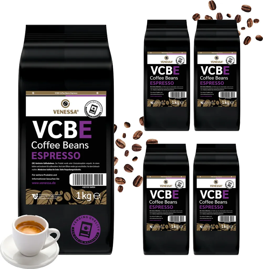 VENESSA VCBE Espresso Whole Coffee Beans 5 x 1kg unground Strong Aromatic - Coffee for all machines 20% Arabica 80% Robusta Barista Standard