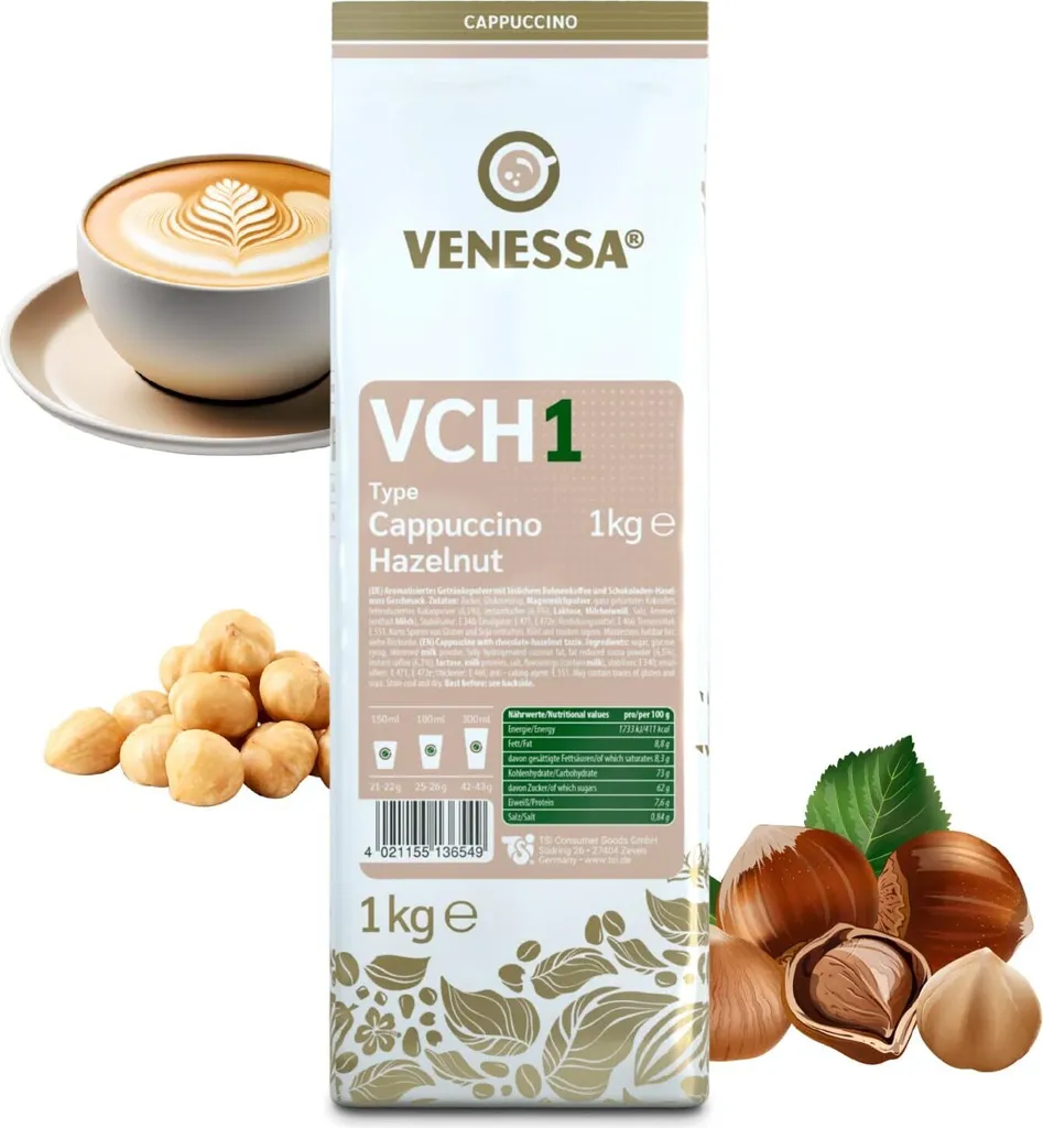 VENESSA VCH1 Cappuccino Haselnuss 5 x 1kg Vorteilspack - Instantkaffee mit Haselnussgeschmack - Ergiebig Löslich Aromatisch Cremig - alle Kaffeevollautomaten & Vending geeignet