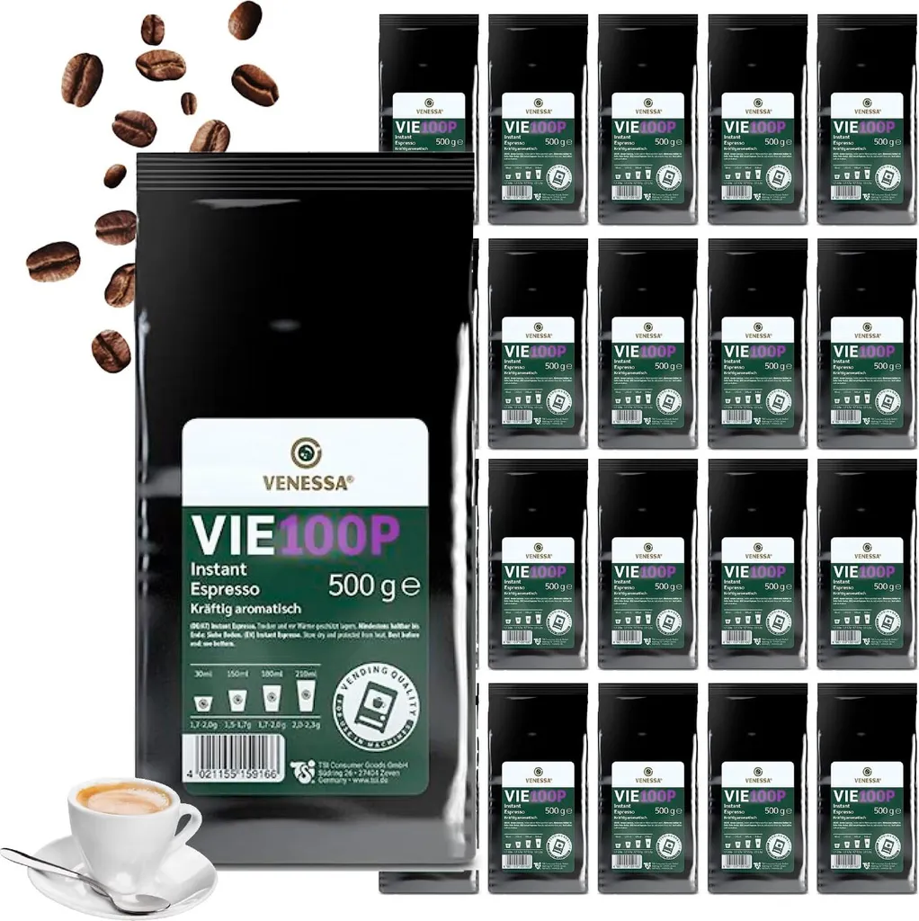 VENESSA VIE 100P Espresso Instant Kaffee 20 x 500g Premium Kaffeepulver für Automaten, Vending, kräftig aromatisch hochergiebig