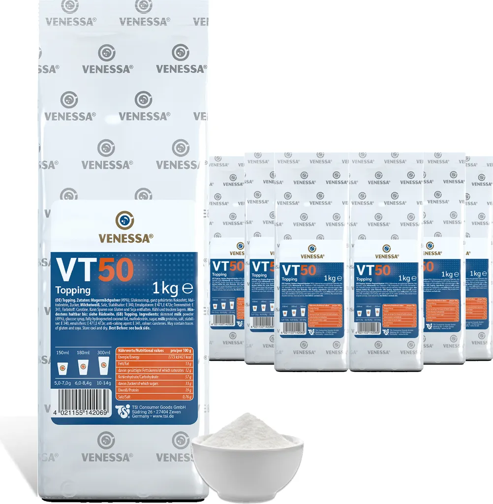 VENESSA VT 50 Kaffee Topping 10 x 1kg Magermilchpulver 50% Milchanteil Für Kaffeemaschine