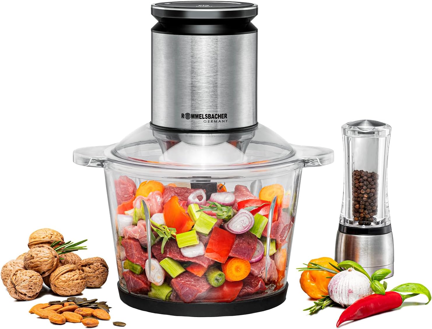 ROMMELSBACHER Multi Chopper MZ 800, 2.7 Liter Glass Container, 22-Level Speed ​​Control, Powerful Motor, 9-Blade Stainless Steel Special Knife, Blade Axle and Motor Coupling Made of Stainless Steel