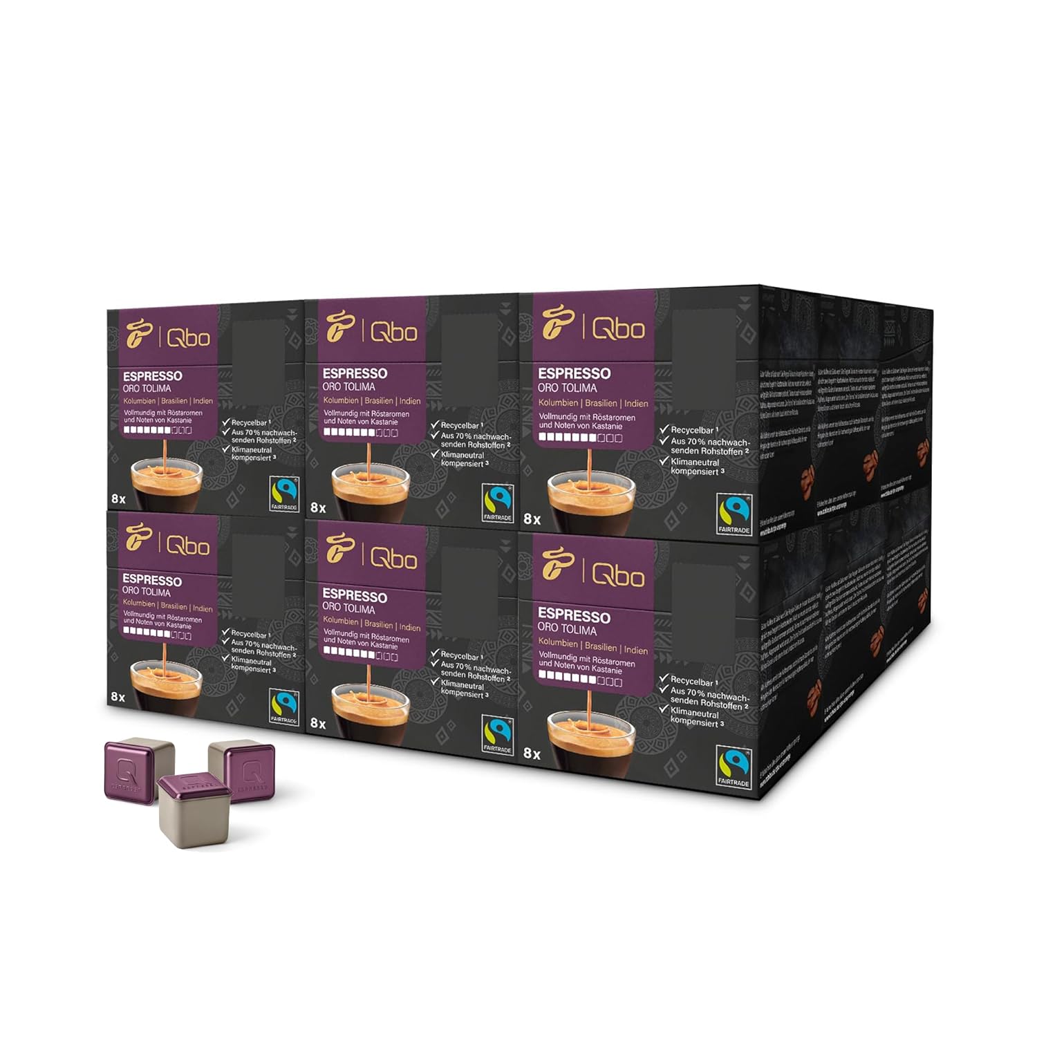Tchibo Qbo Espresso Oro Tolima Premium Coffee Capsules, Pack of 144 - 18 x 8 Capsules (Espresso, Intensity 7/10, Full-bodied with Roasted Aromas), Sustainable, Made from 70% Renewable Raw Materials
