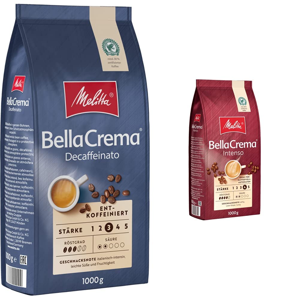 Melitta BellaCrema Decaffeinato Ganze Kaffee-Bohnen entkoffeiniert 1kg, ungemahlen & BellaCrema Intenso Ganze Kaffee-Bohnen 1kg, ungemahlen