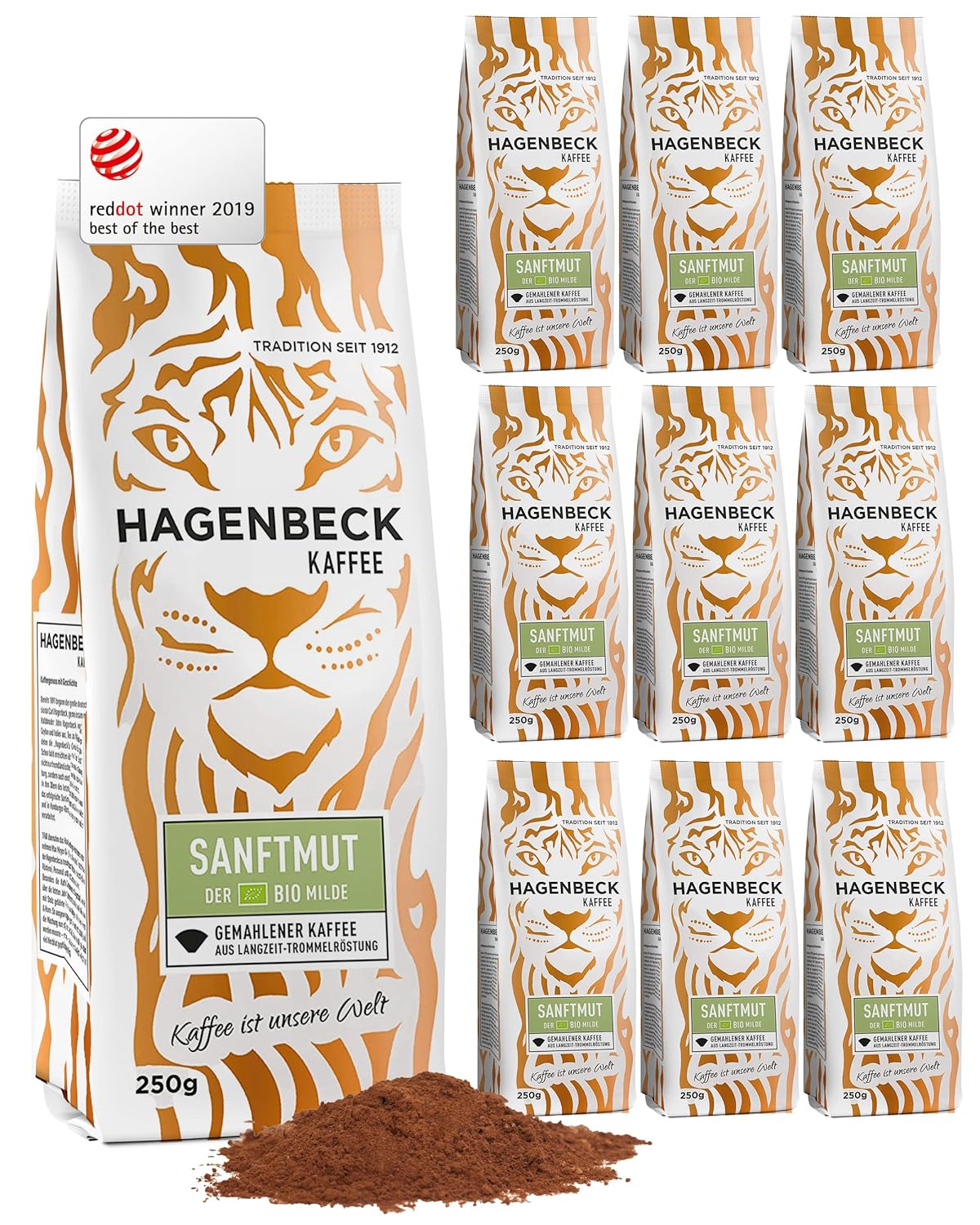 Hagenbeck Organic Gentleness 10x250g (2,5kg) | Organic Ground Coffee | Mildly fine aroma | Ground coffee from German roasting | 100% Arabica beans made from organic coffee beans with low acidity