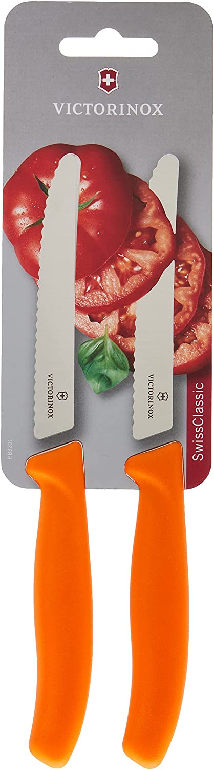 Victorinox Swiss Classic Kitchen Knives Set of 2 11 cm Extra Sharp Serrated Edge Ergonomic Dishwasher Safe, orange