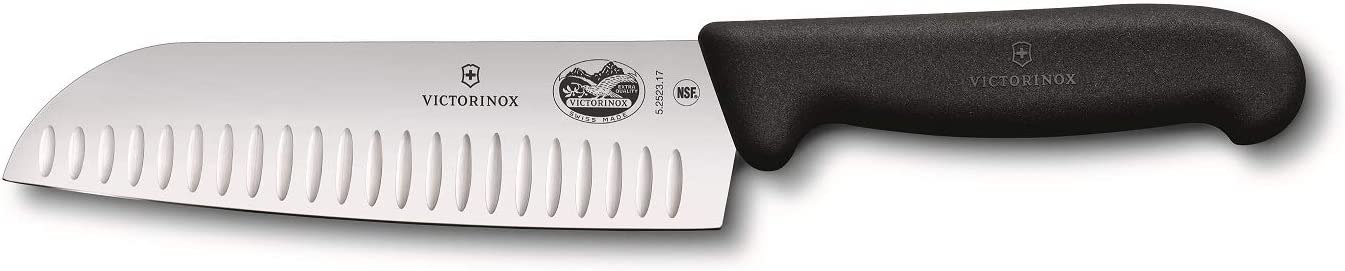 Victorinox Fibrox Santoku Knife with Scalloped Edge, Extra Sharp Blade, Stainless Steel, Dishwasher Safe, Black