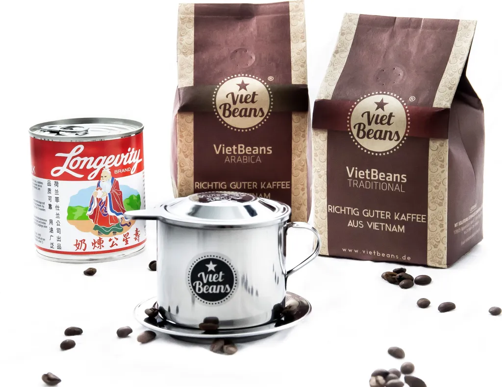 Vietnamese coffee starter set VietBeans ground - 2 x 250g ground roasted coffee + filter (Phin) + condensed milk