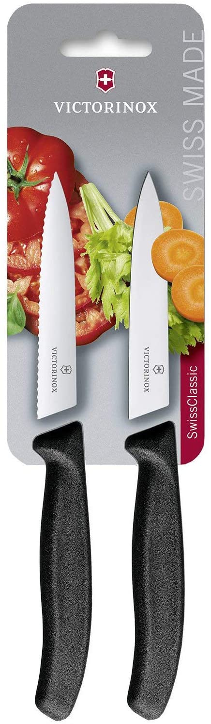 Victorinox Swiss Classic 2-Piece Vegetable Knife Set, 1 x Normal Cut, 1 x Serrated Edge, 10 cm Blade, Middle Point, Black