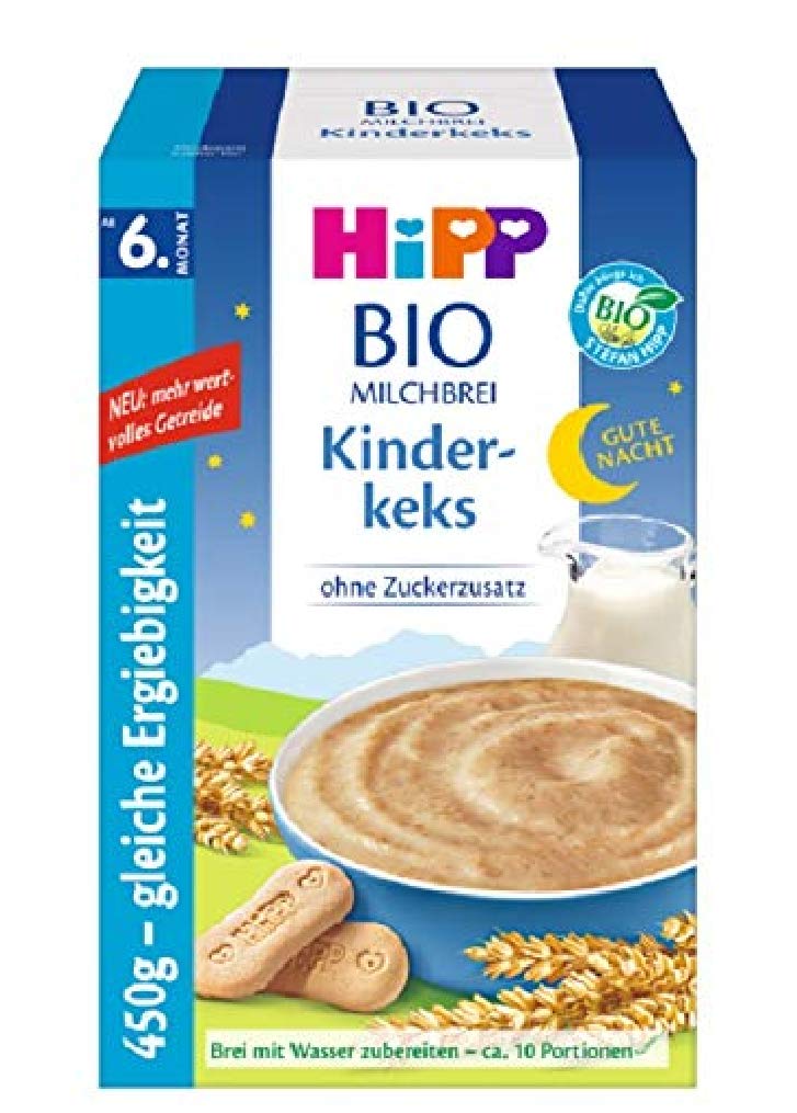 Hipp Bio-Milchbreie ohne Zuckerzusatz-Vorratspackung, ab 6. Monat, Gute-Nacht-Brei Kinderkeks, 4er Pack (4 x 450 g)