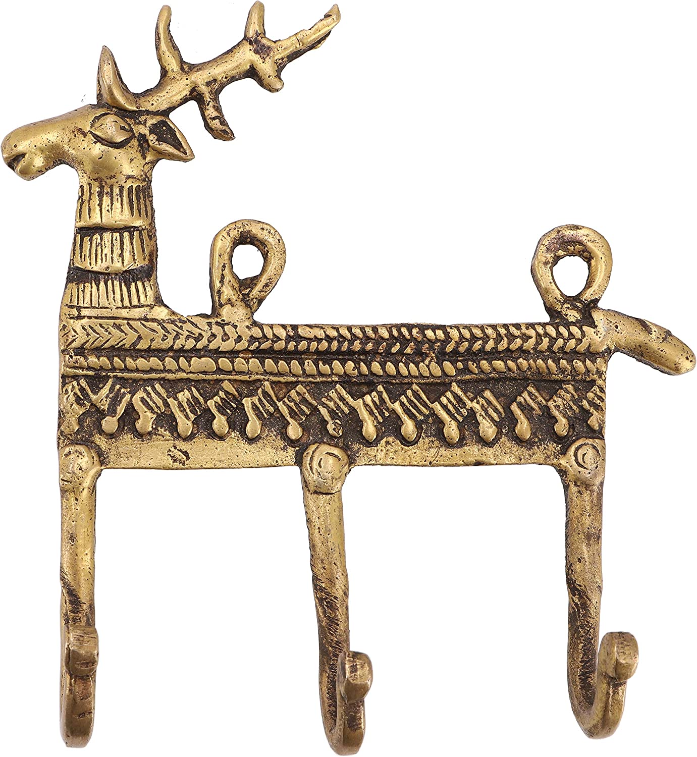 GURU SHOP Filigree Decorated 3 Brass Wall Hooks, Wall Coat Rack, Key Holder with Engraving – Deer / Brass, Gold, 13 x 13 x 3.5 cm, Wooden Wall Hook, Metal and Ceramic