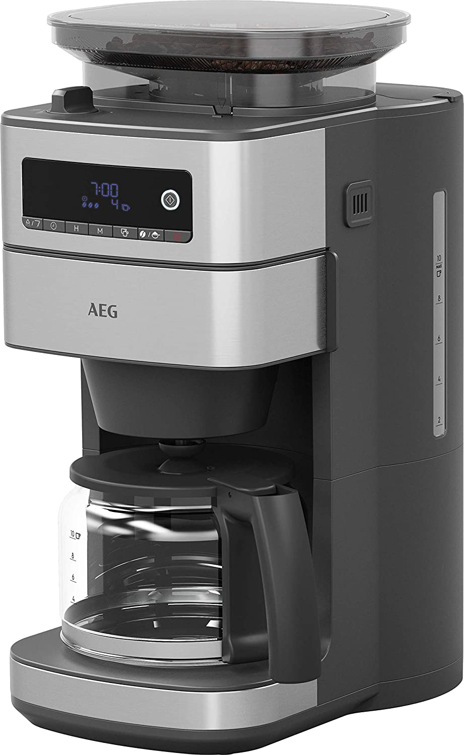 AEG CM6-1-5ST Coffee Machine / Integrated Grinder / 3 Grinding Settings / Programmable Timer / Coffee Powder / Coffee Beans / Aroma / 1.25 L Glass Jug / Safety Shut-Off / Stainless Steel