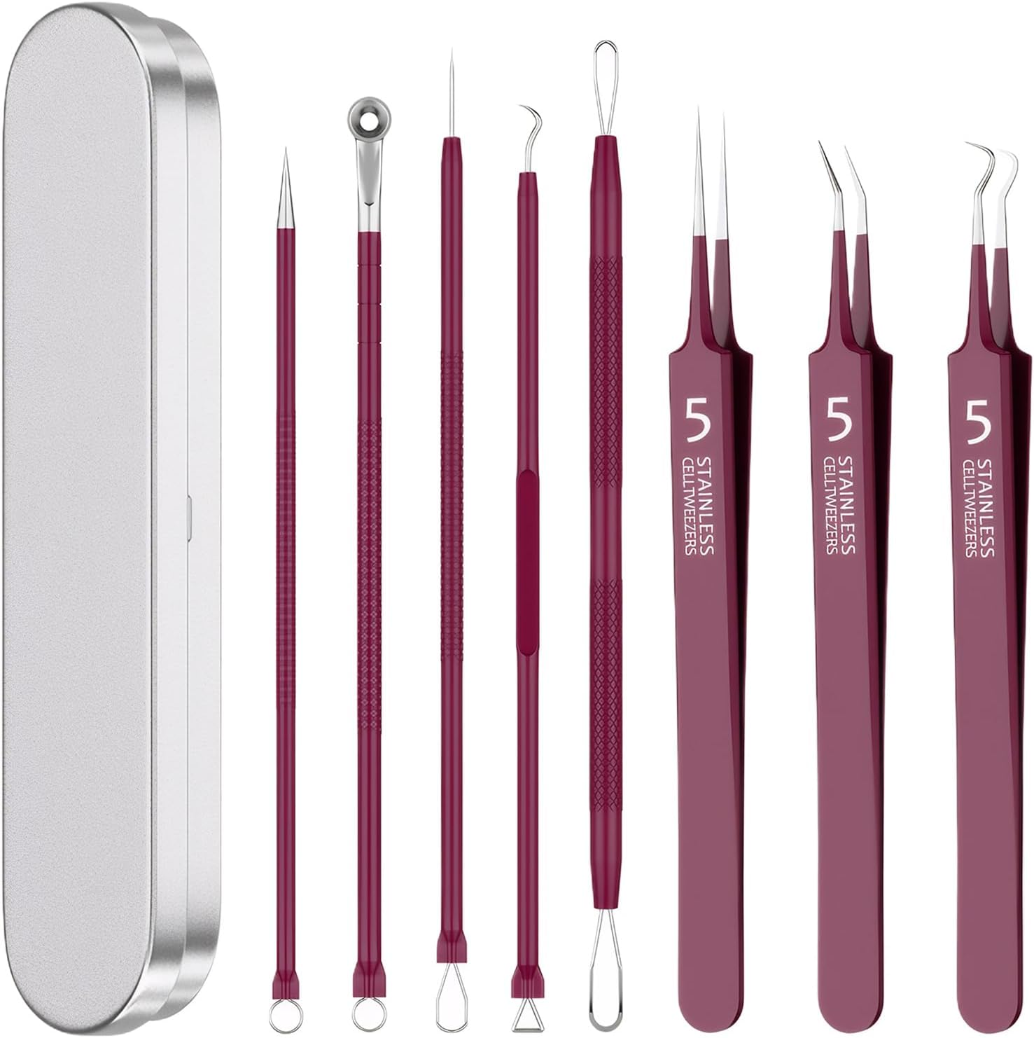 9 pieces blackhead remover blackhead tweezers comedone squeezer tweezers blackhead remover for removing blackheads on the nose and face, with 4 pimple tweezers + 3 tweezers + double press + a box