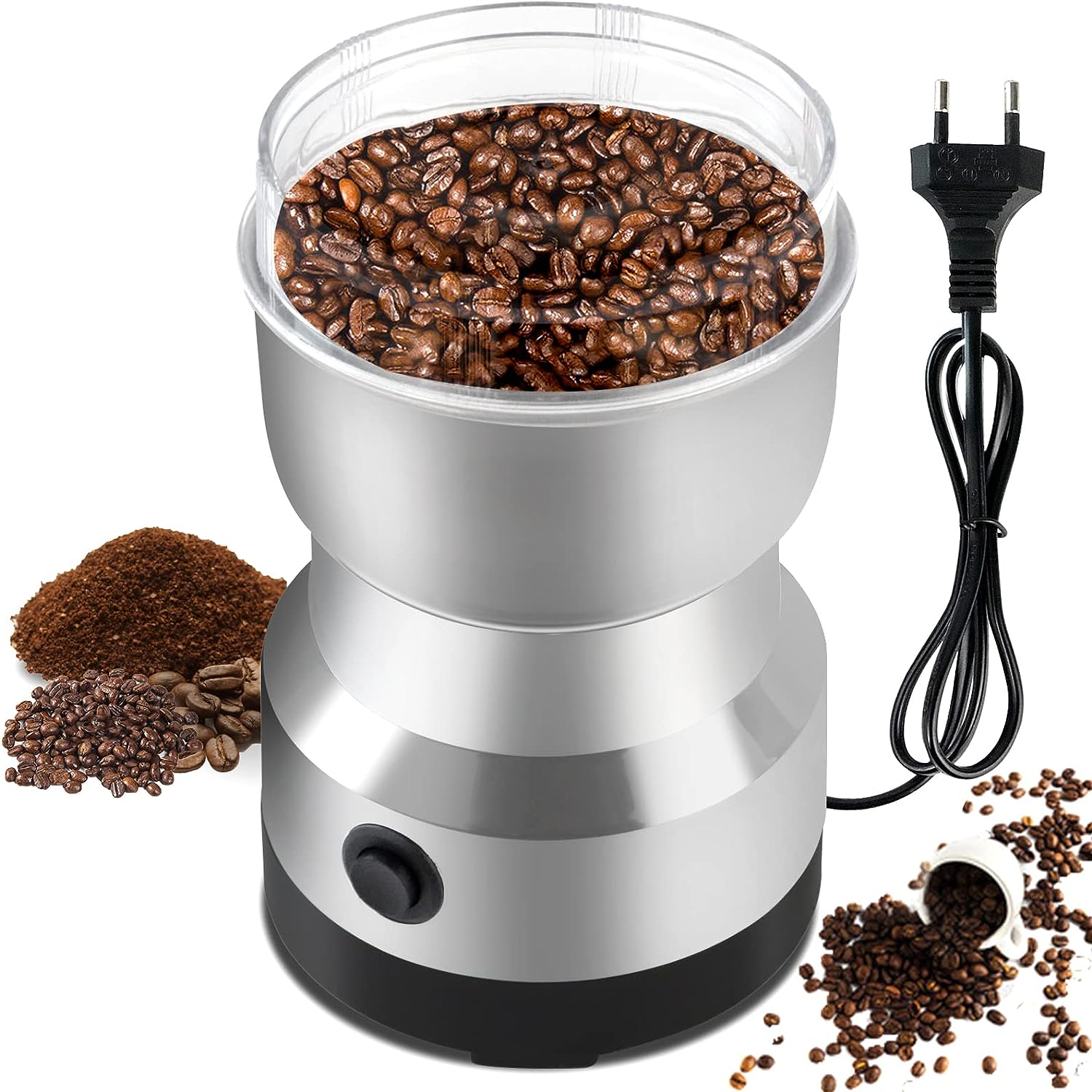Electric Coffee Grinder 200w Electric Coffee Grinder Capacity 300ml 4 Stainless Steel Blades Spice Mills for Seeds, Spices, Fruits, Dry (Silver)