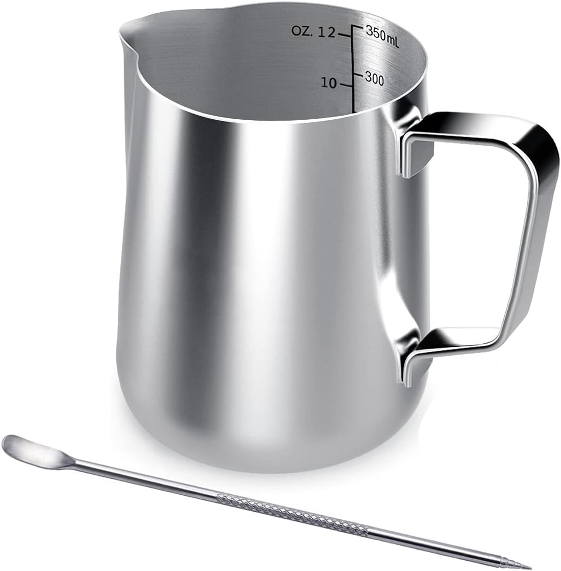 Milk Jug, 350 ml Handheld Stainless Steel Frothing Jug, Coffee Creamer Milk frother, Jug Cup with Measuring Mark and Latte Art Pen, Milk Jug Perfect for Barista Cappuccino Espresso
