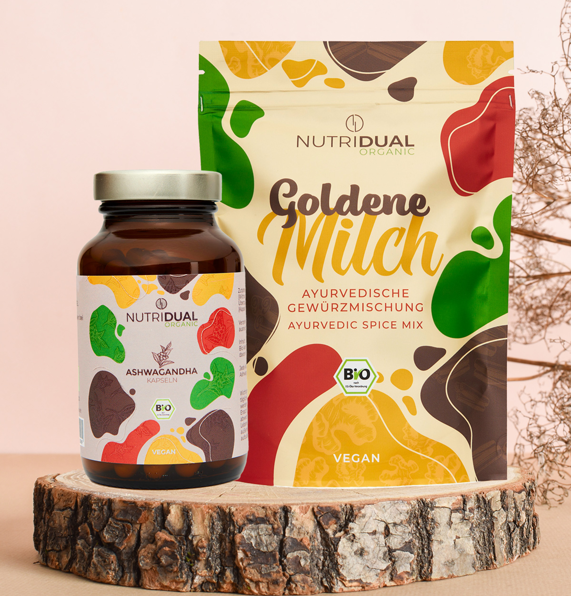 NutriDual Value pack of organic Ashwagandha capsules and golden milk powder mixture
