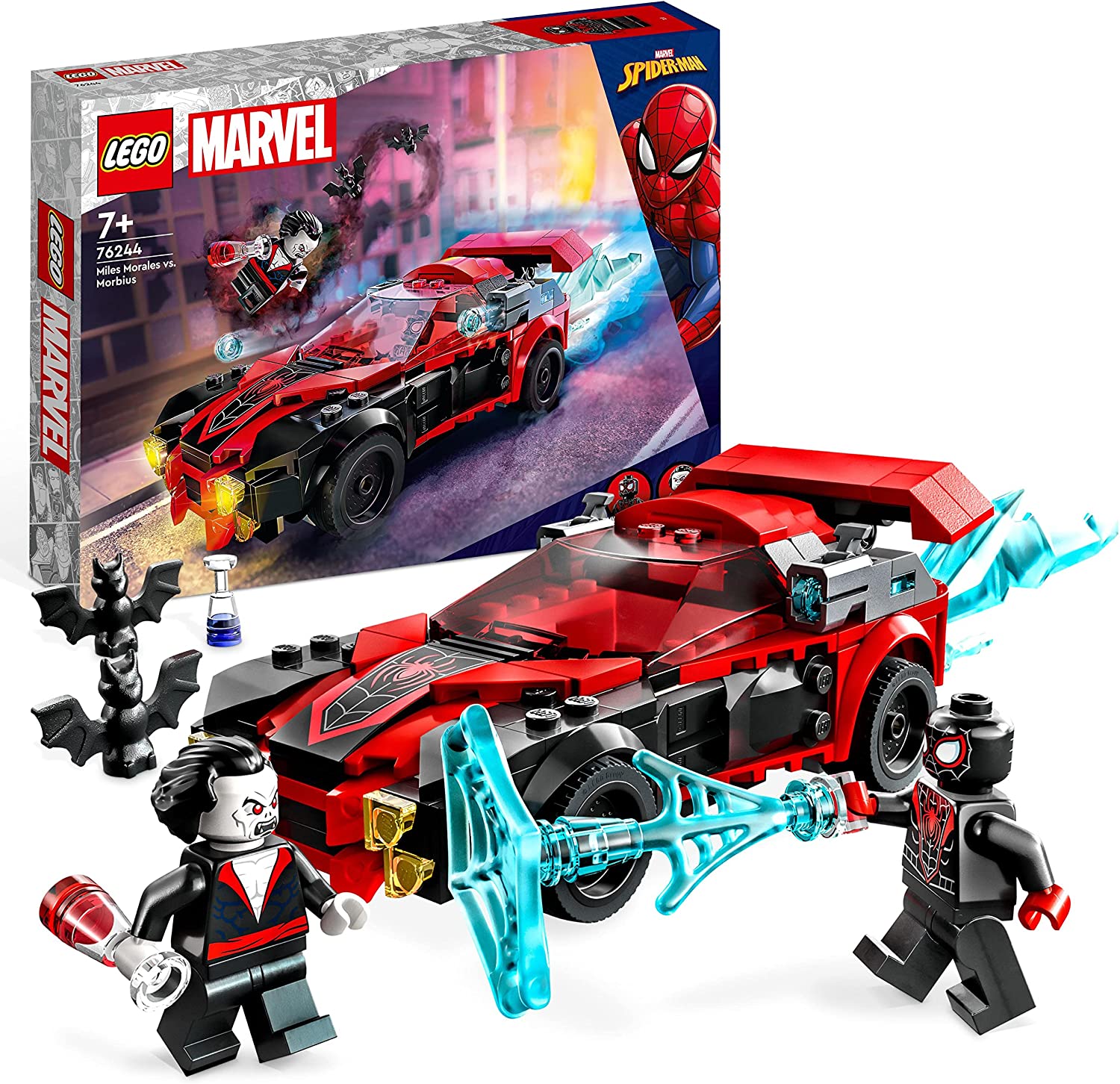 LEGO 76244 Marvel Miles Morales vs. Morbius Set, Spider-Man Racing Car Toy Car to Build from Adventures in the Spiderverse with Spidey Mini Figures