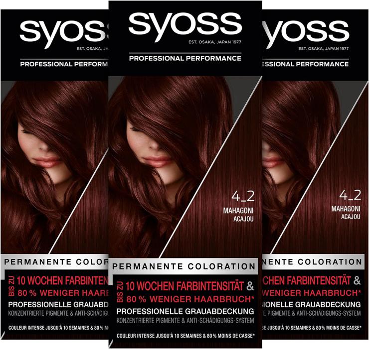 Syoss Color Coloration Hair Dye, 4_2 Mahogany Level 3 (3x 115 ml), Permanent Coloration for up to 10 Weeks of Color Intensity and 70% Less Hair Breakage*