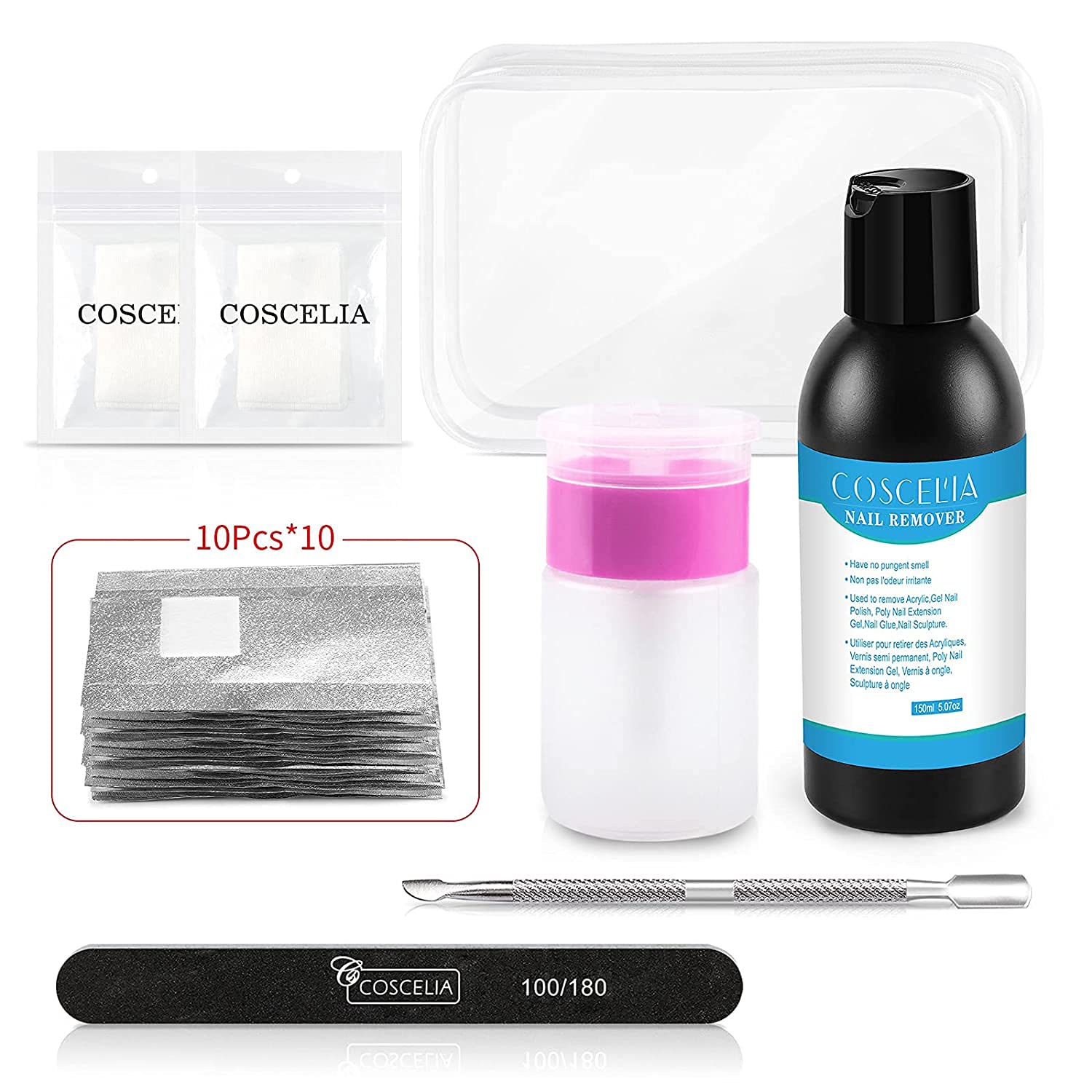 COSCELIA Nail Polish Remover Set Nail Polish Remover Pads 150 ml Nail Polish Remover Liquid Pump Dispenser for Gel Nails Remover Tools Kit Nail Remover Cotton Pads, ‎2928