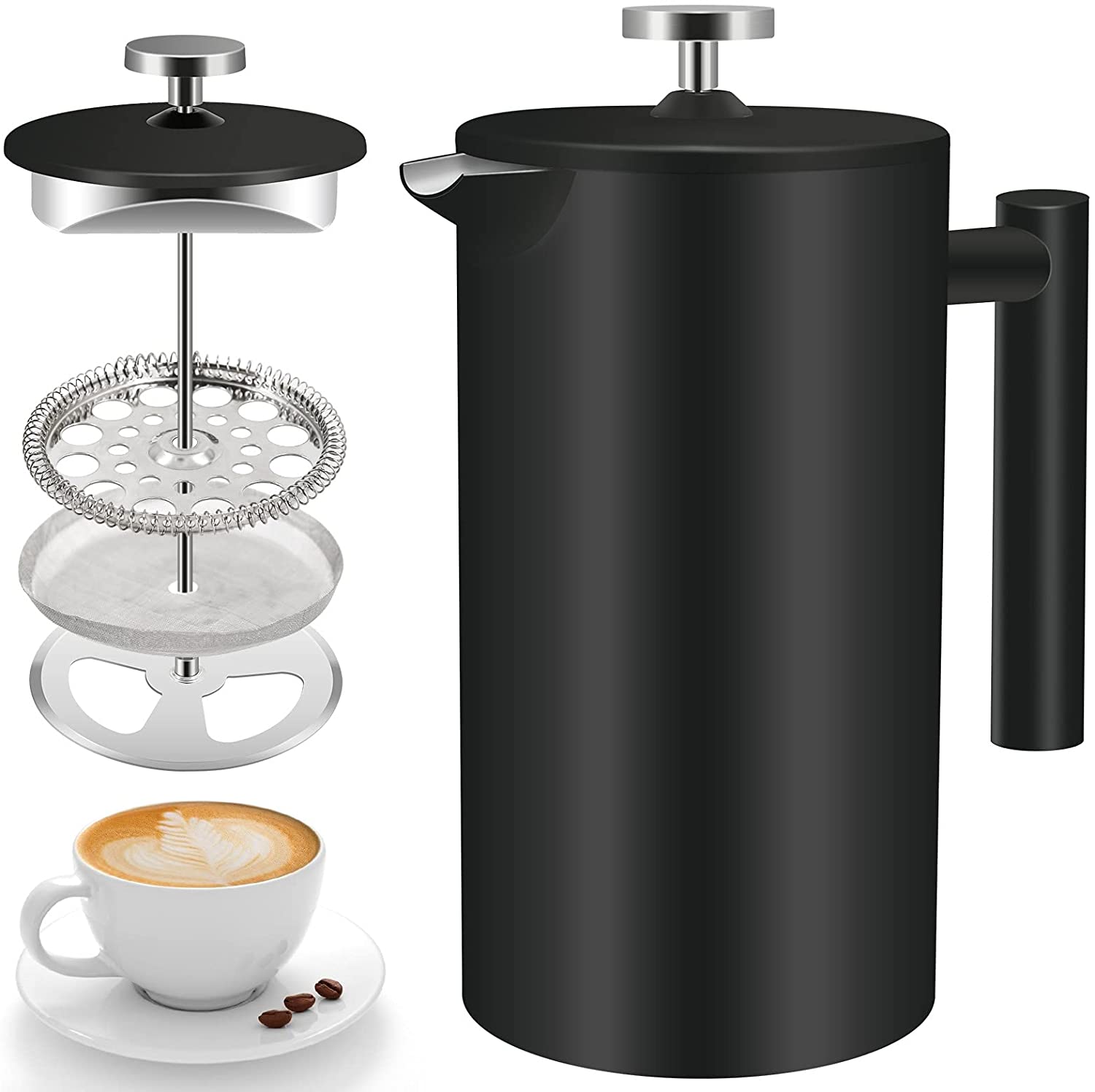 Panda Grip French Press Coffee Press Stainless Steel 1 L Coffee Maker Coffee Press 34 oz Stainless Steel Double-Walled Metal Insulated Coffee Maker with 3-Stage Filter System Espresso and Tea Machine Black 1000 ml