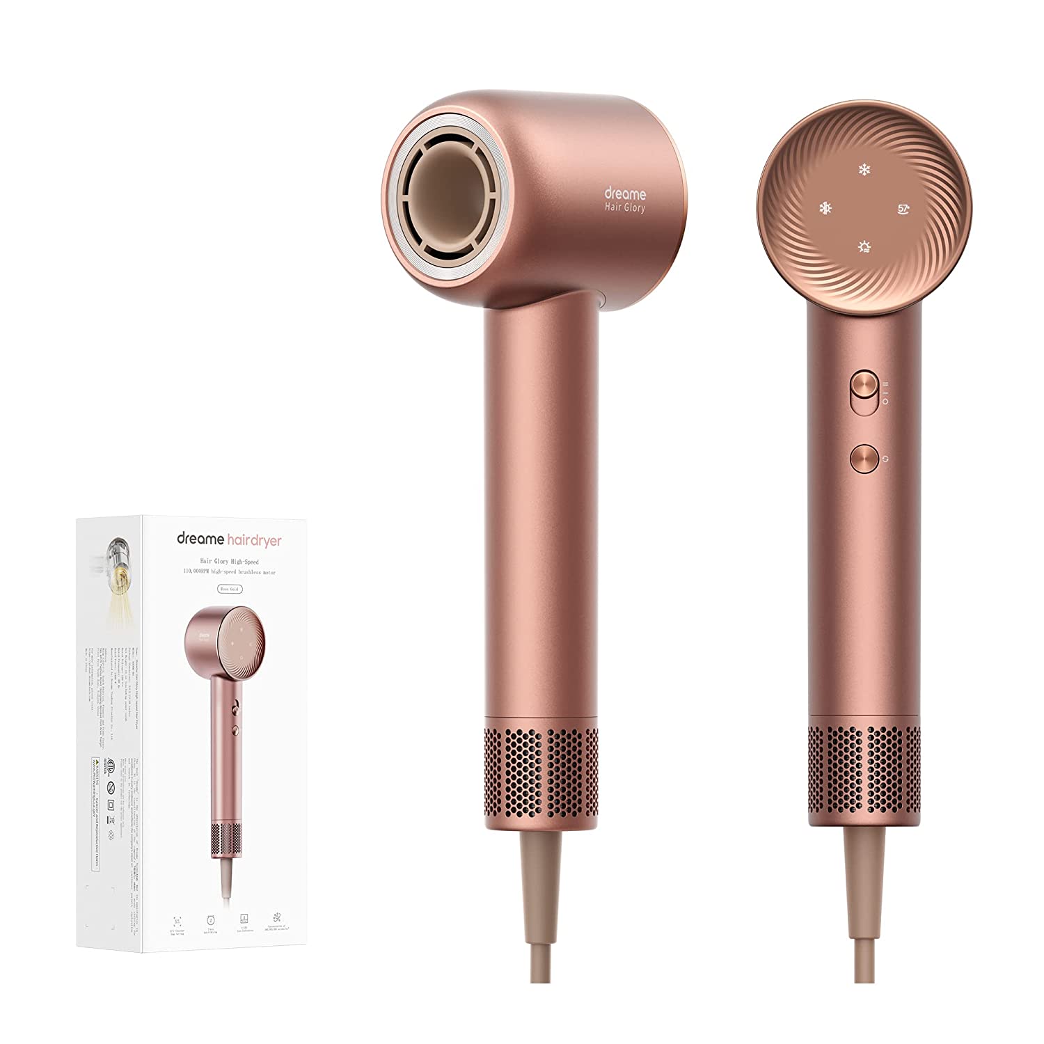 Dream Hair Glory Hair Dryer, Quick-Drying, 110,000 RPM High-Speed ​​Motor, 70m/S Airflow Speed, Powerful Negative Ions Technology, Lightweight, Temperature and Airspeed Control, Rose Gold