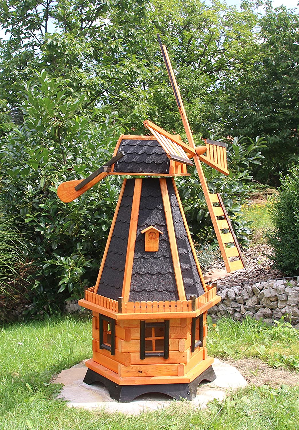 Large Windmill Wind Mill Wooden Treated Type 23.1 and Solar Light, Black