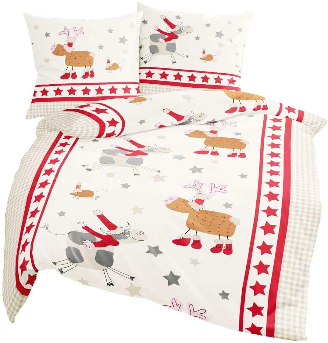 Bierbaum Flannelette Bed Linen 2 Pieces 135 X 200 Cm Moose Cows Mice Stars 