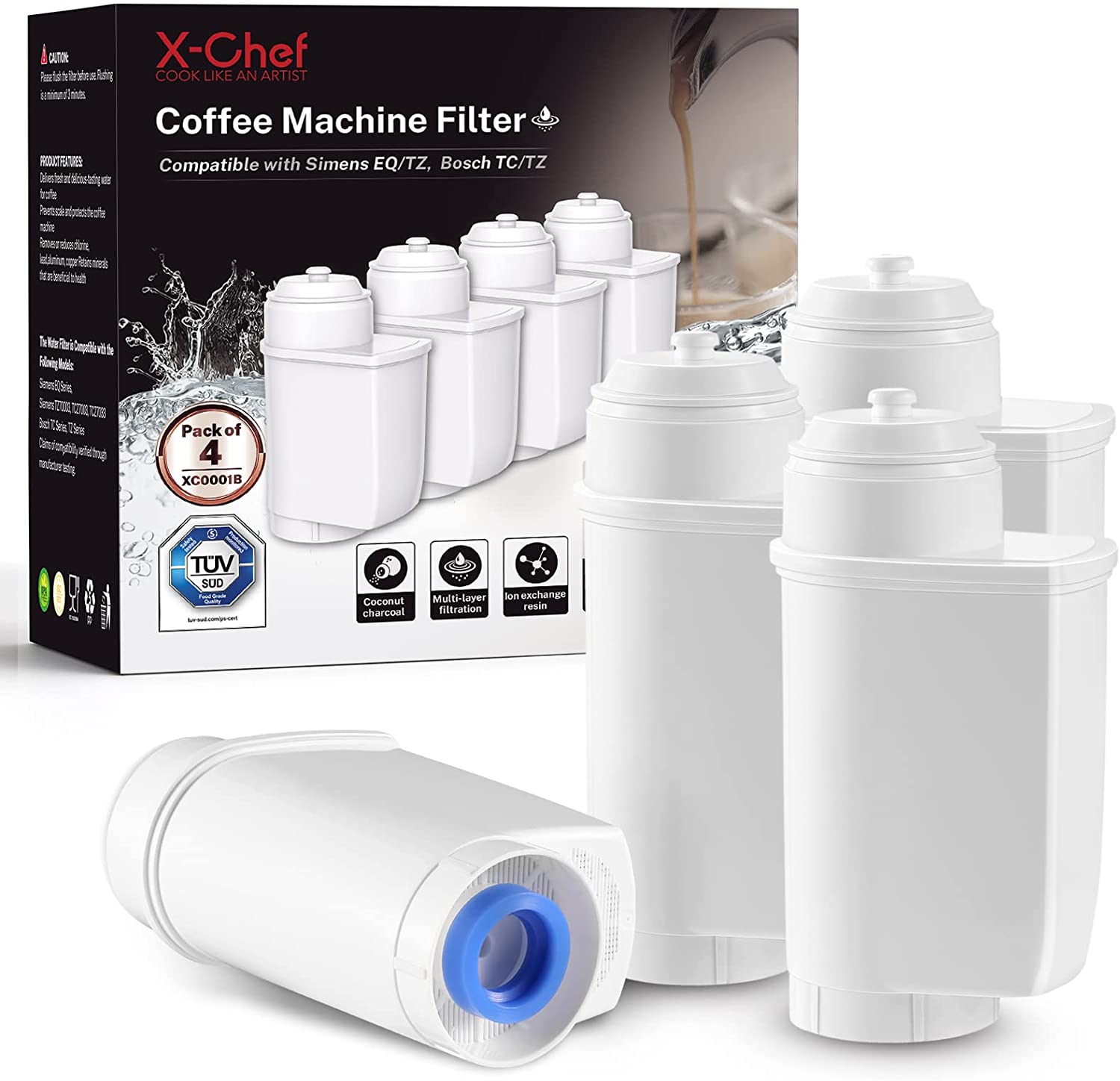 X-Chef Pack of 4 Water Filters for Siemens EQ6 EQ9 TZ70003 Filter Replaceme