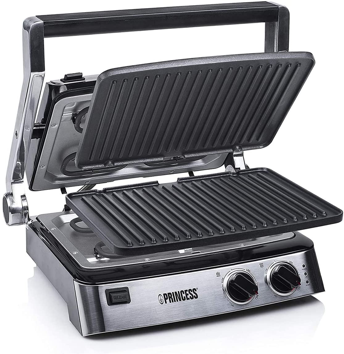Kontaktgrill Multi Contact Grill 180° with Stainless Steel Barbecue Tongs and Removable Plates, 2 Thermostats 2000 Watt 29 x 23 cm