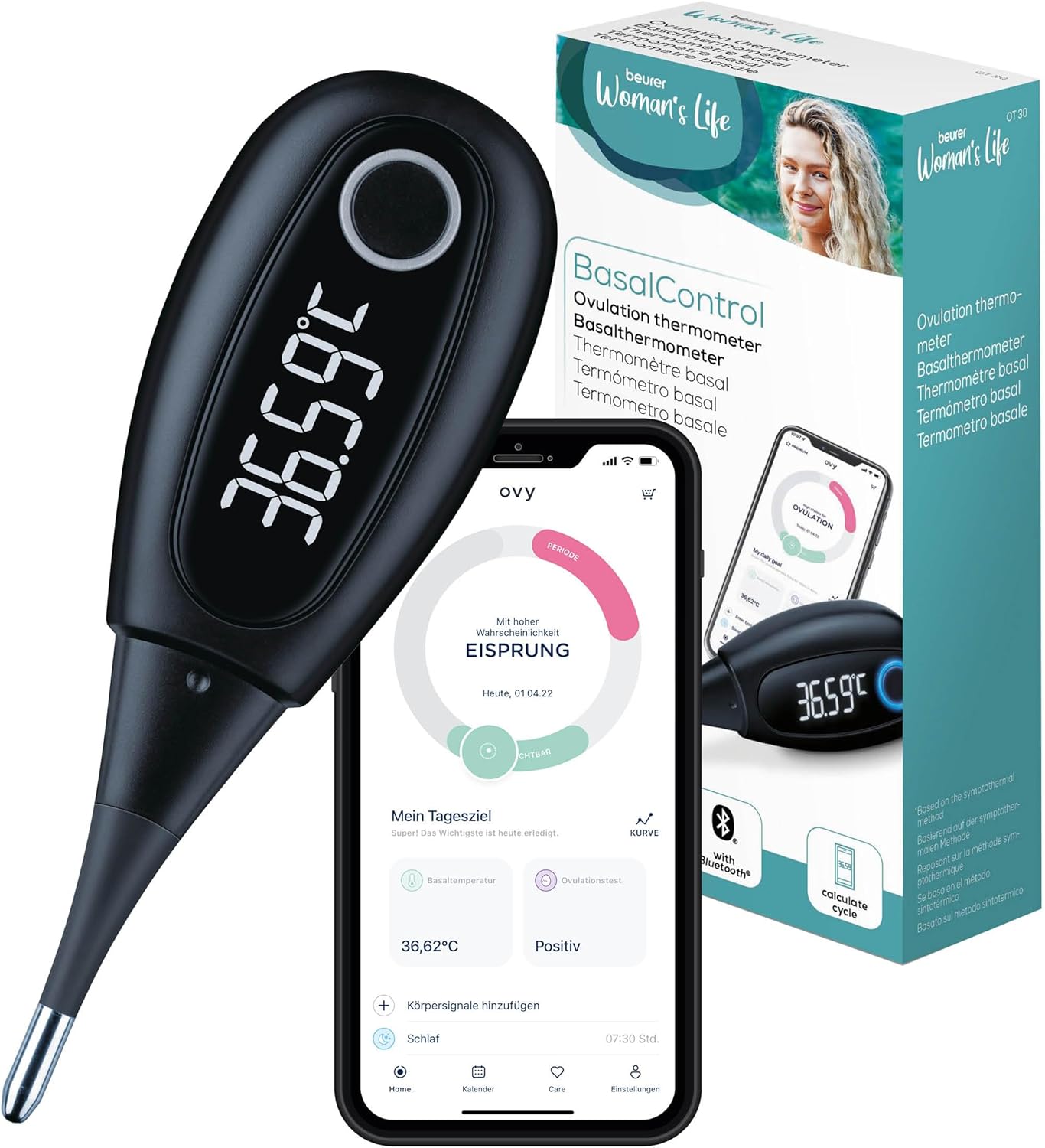 Beurer OT 30 BasalControl Smart Digital Basal Thermometer with Bluetooth, Cycle Control and Natural Family Planning with Ovy App, Precise Temperature Measurement, Pregnancy Planning