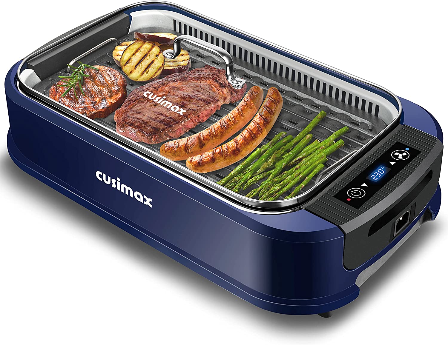 CUSIMAX 1500 W Electric Grill with Lid Touchscreen Table Grill Electric with Temperature Control, Turbo Smoking Technology, Oil Catcher and Removable Grill Plate Cast Iron Steak Grill