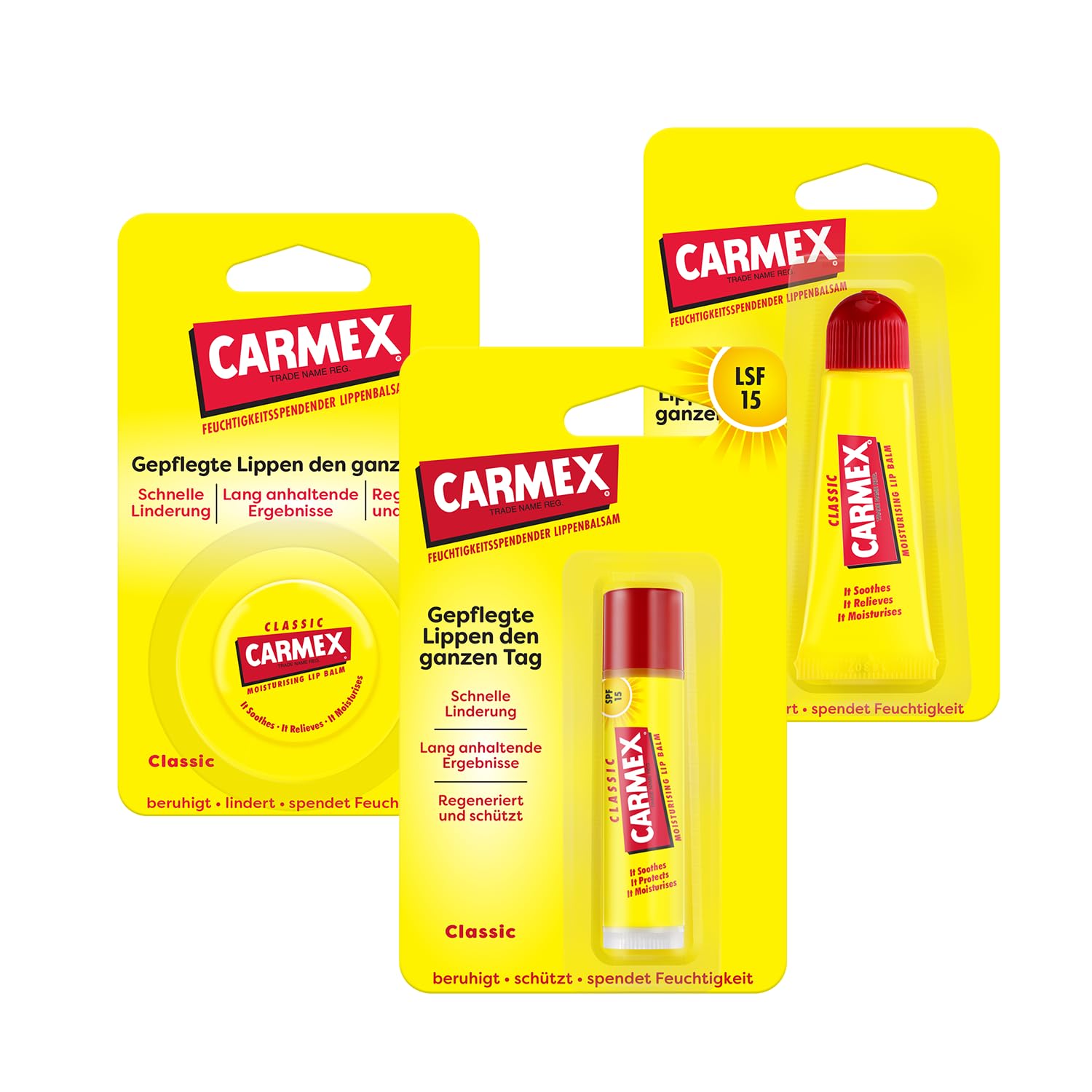 Generic Carmex Classic Series Lip Care - Set of 3 - Stick, Tube and Jar - Original Medical Lip Balm - Moisturizing, Protective and Soothing for Dry and Cracked Lips