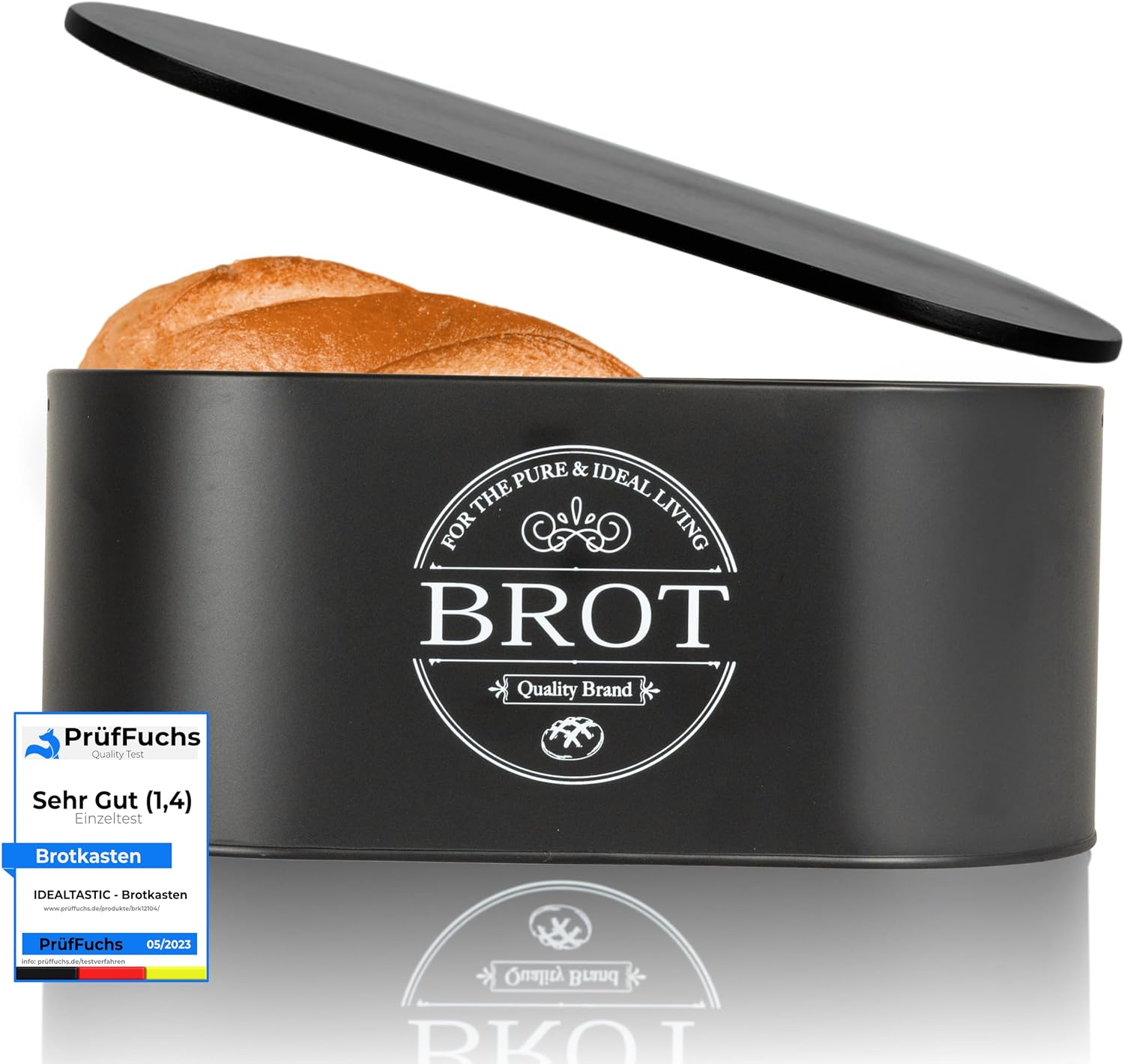IDEALTASTIC® Premium 2-in-1 Bread Bin Black with Efficient Chopping Board Lid, Keeps Bread Box Fresh Longer with Specially Developed Air Circulation, Food-Safe Bread Storage
