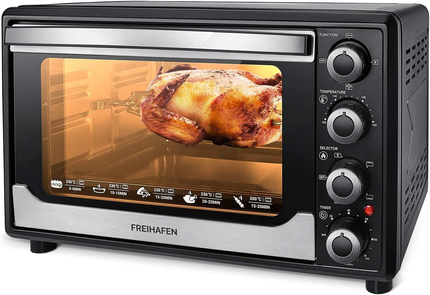 Mini Oven with Circulation, Freihafen 30 Litre 1500 W Mini Oven with 6 Cooking Modes, Defrost Function, Interior Lighting, Removable Crumb Tray, Timer, Ideal for Offices, Student Homes