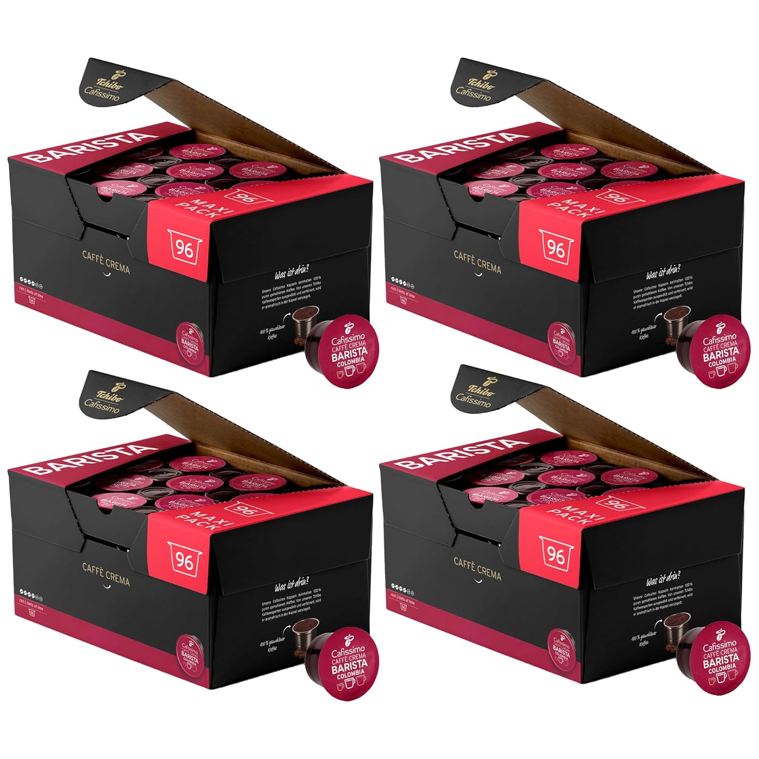 Tchibo Cafissimo Storage Box Caffè Crema Colombia Coffee Capsules, 384 Pieces - 4 x 96 Capsules (Coffee, Expressive with Touch of Lime), Sustainable & Fair Trade