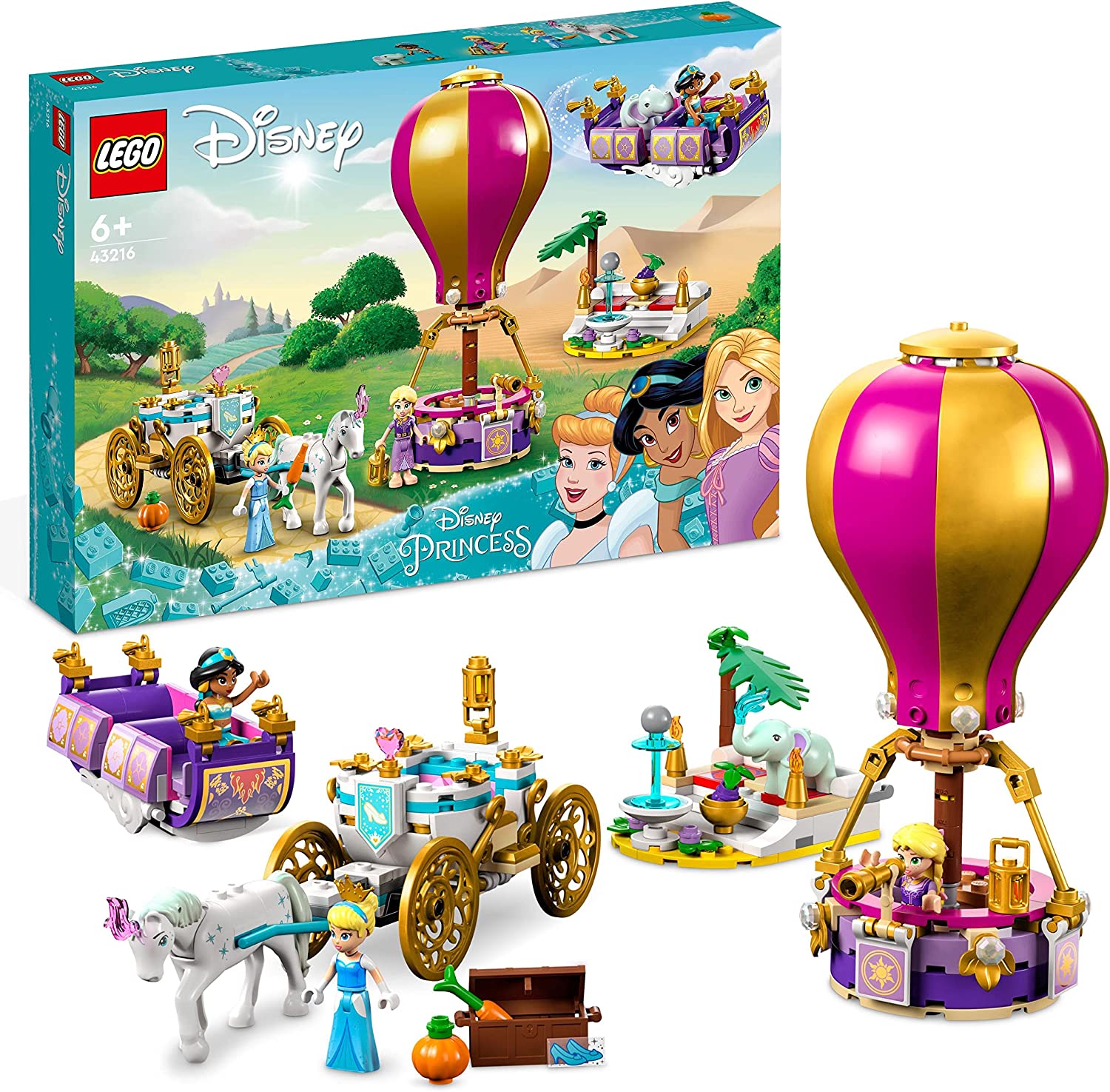 LEGO 43216 Disney Princess Magic Travel Toy with Cinderella, Jasmine, Rapunzel Mini Dolls, Toy Horse & Carriage, Flying Rug, Hot Air Balloon for Girls and Boys