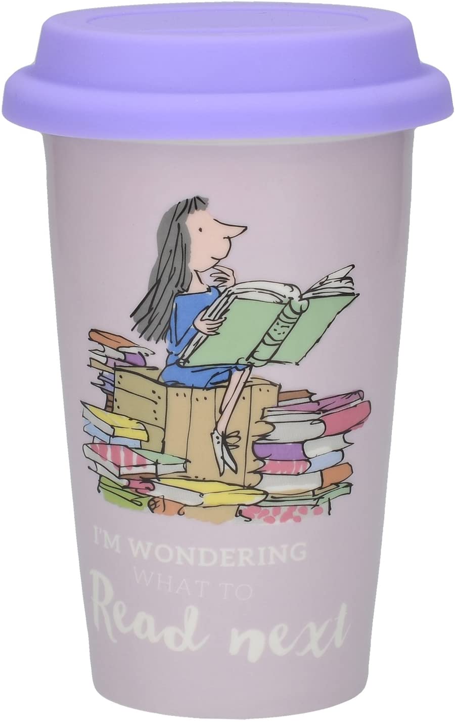 Creative Tops Porcelain Mug, Purple/Periwinkle And Illustration Roald Dahl Matilda Fine China Mug With Silicone Lid – 9.5 x 9.5 x 15 cm purple
