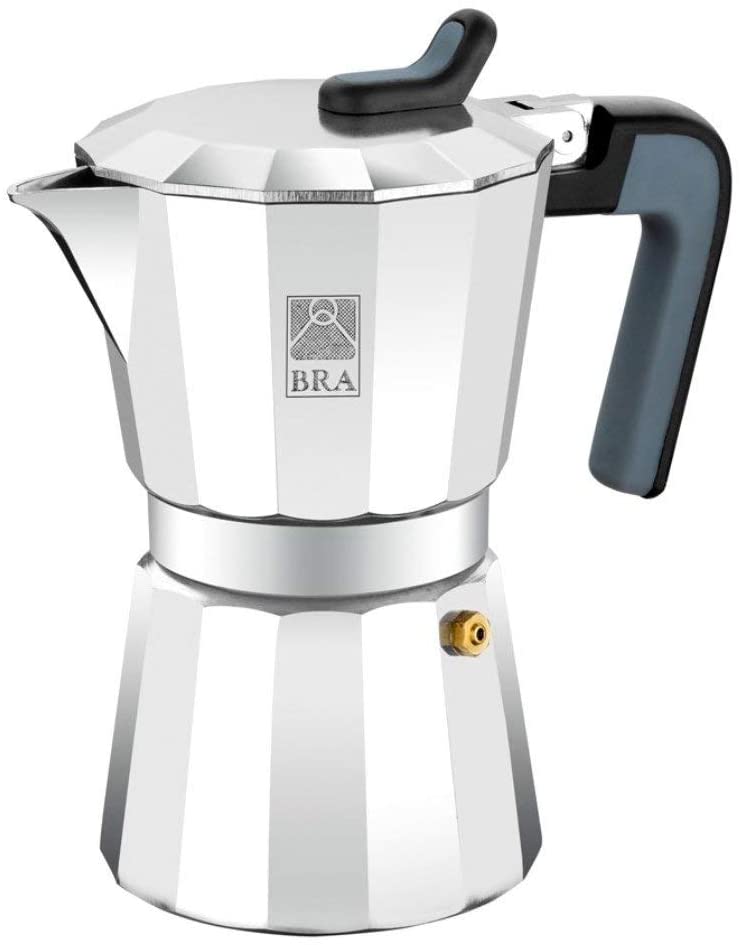 BRA Deluxe2 Espresso Maker, Aluminium, 9 Cups, Black/Stainless Steel