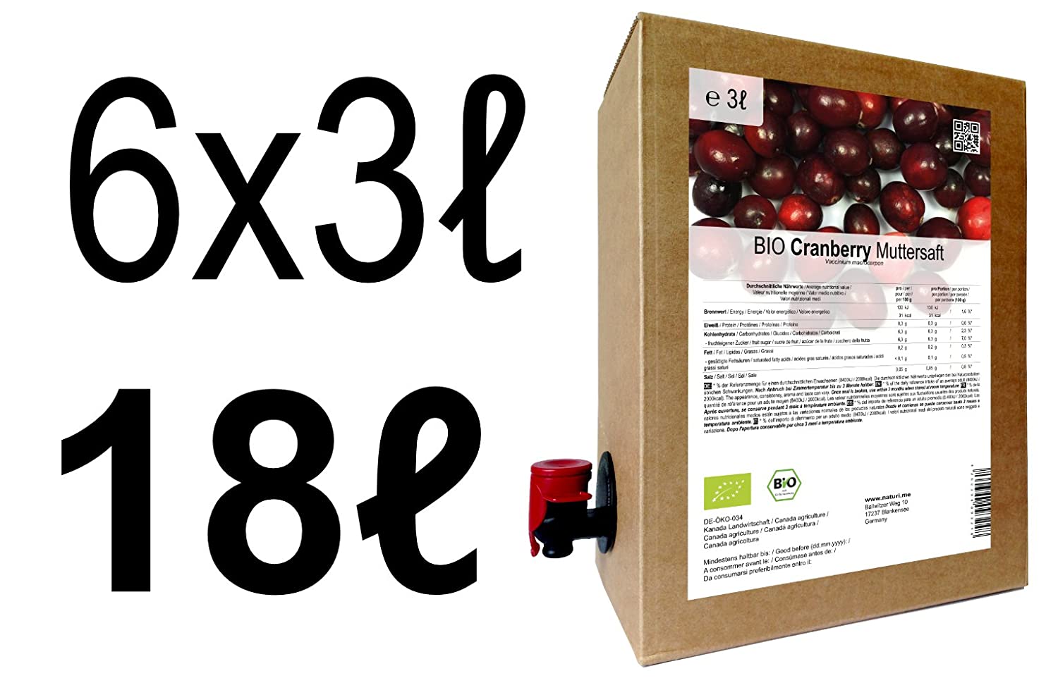 Tilia BIO Cranberry Muttersaft - 100% Direktsaft 18 Liter ( 6 x 3 Liter )