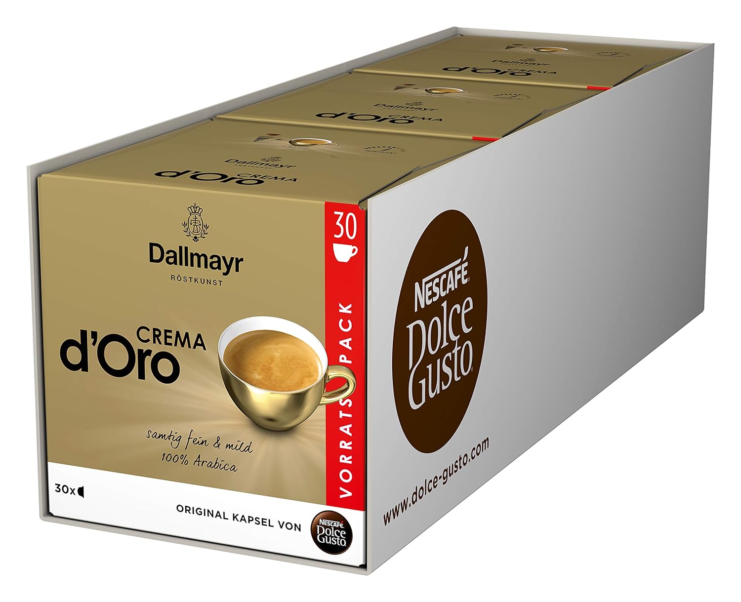 NESCAFÉ Dolce Gusto Dallmayr Crema d\'Oro, XXL Storage Box, 90 Coffee Capsules, 100% Arabica Beans, Fine Crema and Full-bodied Aroma, Aroma Sealed Capsules, Pack of 3 (3 x 30 Capsules)