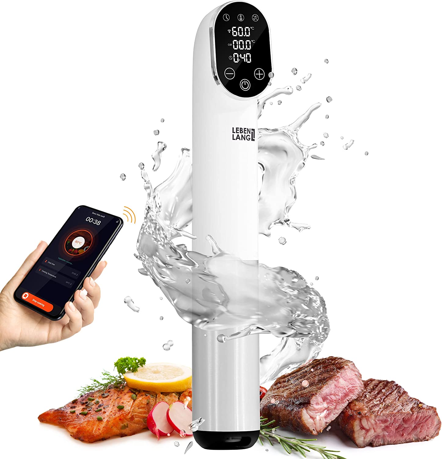 LEBENLANG 1200 W Sous Vide Stick - WiFi & App Sous Vide Cooker with Timer Made of Stainless Steel | Souvide Stick Sous Vide Cooker for Meat, Fish, Vegetables | Susvide Sovit Cooking Souvid Cooker Sou Vid