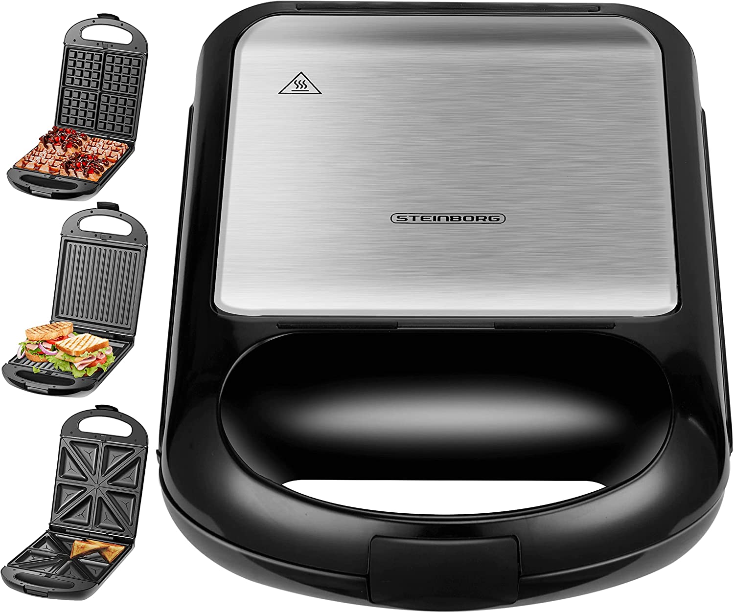 Steinborg 3-in-1 sandwich maker, 1200 watts, 3 interchangeable plates, waffle iron, contact grill, multi-grill, sandwich maker, waffle iron, electric grill