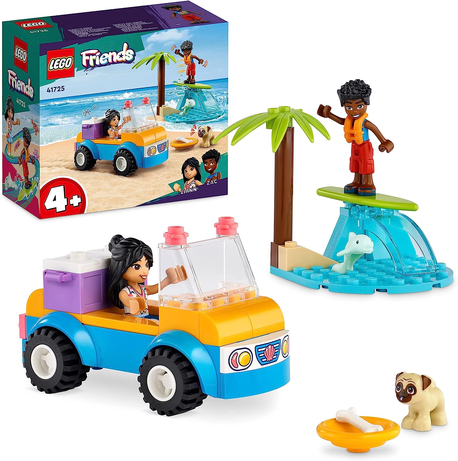 LEGO 41725 Friends Beach Buggy Fun Set with Toy Car, Surfboard, Mini Dolls and Dolphin and Dog Animal Figures, Summer Playset for Kids, Girls and Boys From 4 Years