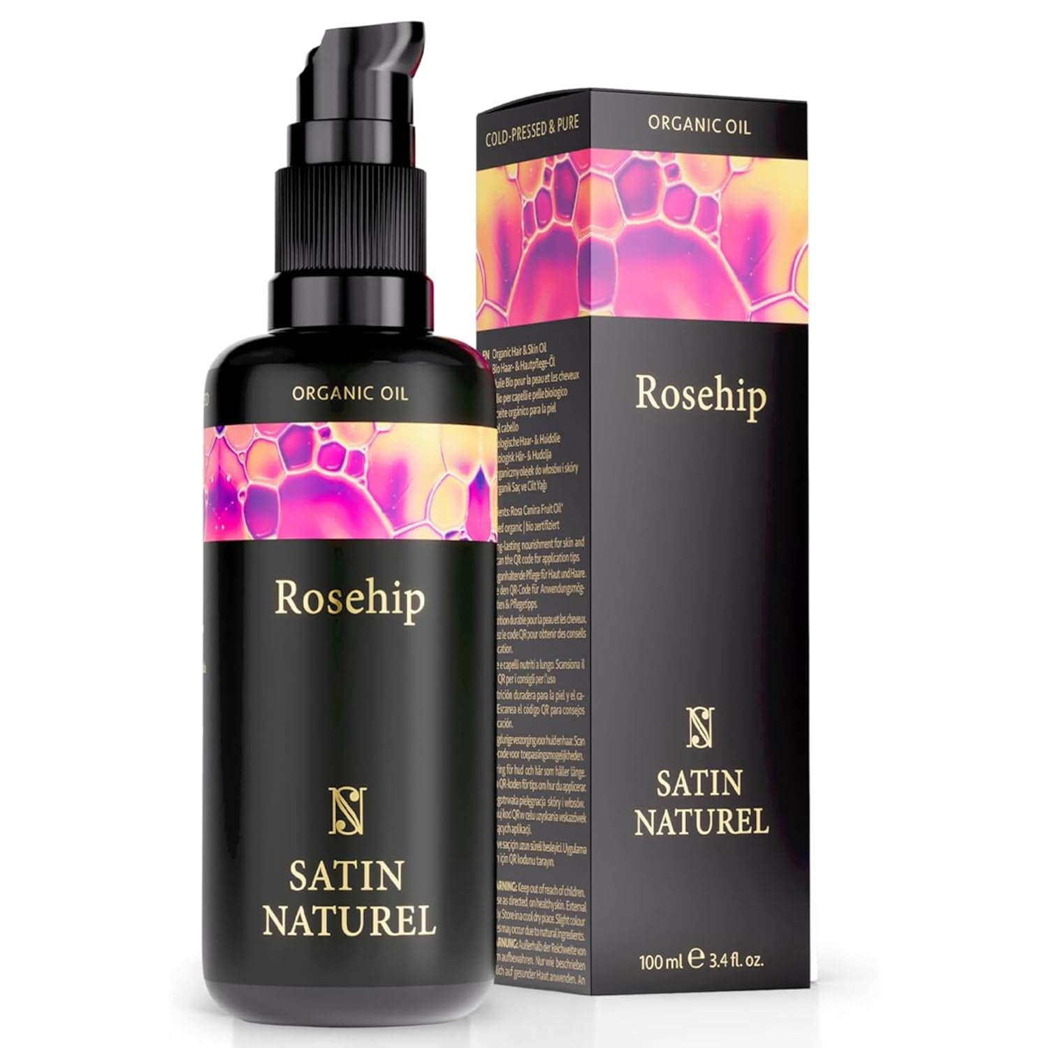 Satin Naturel Organic Rose Oil 100 ml - 100% Pure Rosehip Oil Cold Pressed - Face Oil, Body Oil, Massage Oil, Hair Oil - Wild Rose Oil, Rosehip Oil for Care of Dry Skin - Anti-Wrinkle Effect